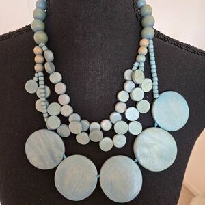 Womens Fashion Statement Aquamarine Wooden Discs And Beads Necklace Blue OS